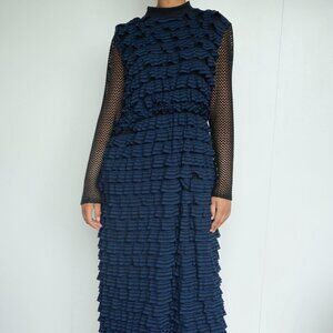 Blue Black Textured Striped Frilly Dress | Navy Mesh Sleeved Dress